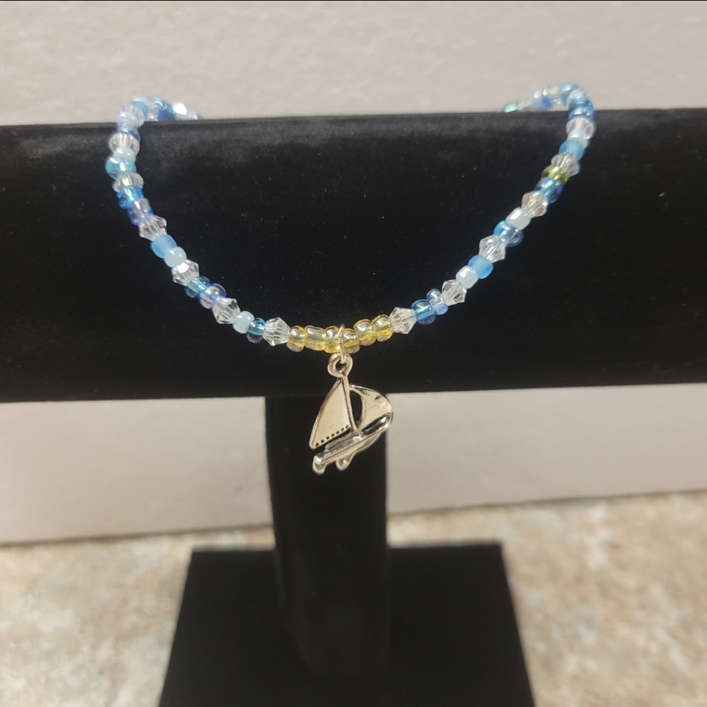 Handcrafted Silver, Blue, and Crystal Bead Ankle Bracelet